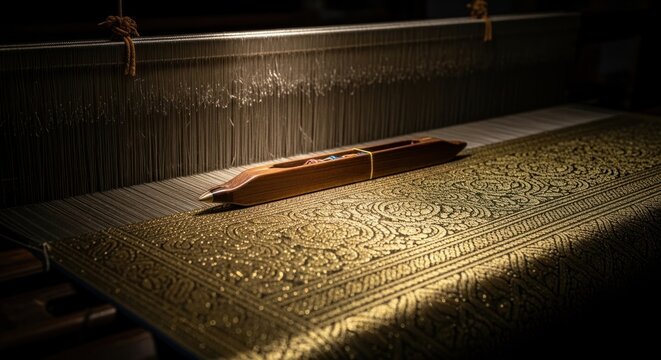 the intricate process of handloom weaving, specifically featuring a traditional shuttle resting on a densely patterned fabric in the process of creation