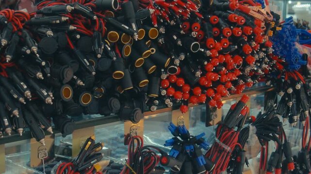 Shenzhen Electronics Market Close Up of Hundreds of Cable Connectors and Plugs on Display