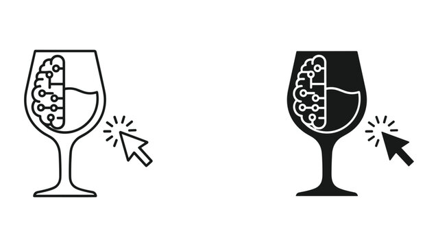 Black and white wine glass with a brain and circuit board inside and a computer mouse cursor clicking on it