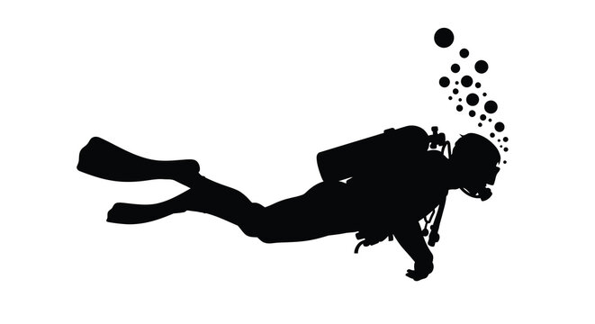 A scuba diver explores the depths with bubbles rising a stark silhouette