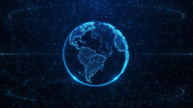 holographic globe with nodes connected around earth. Concept of global network connection, earth and network of internet, fintech, data exchange, worldwide exchange globe data cloud storage of 5g