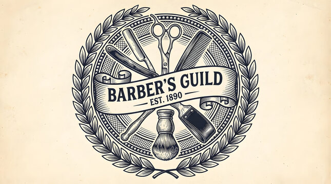 Vintage barber guild emblem featuring crossed scissors, razor, and brush, enclosed in a laurel wreath, est