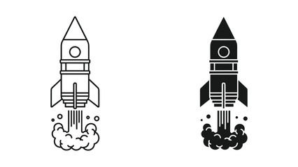 Two rocket ship icons in line art and solid black, isolated on white background, launching into space with smoke and flames © SHAHRIYAR RASEL
