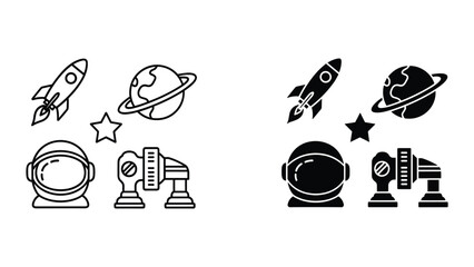 Black and white line icons of space objects and astronaut helmets on white background © SHAHRIYAR RASEL