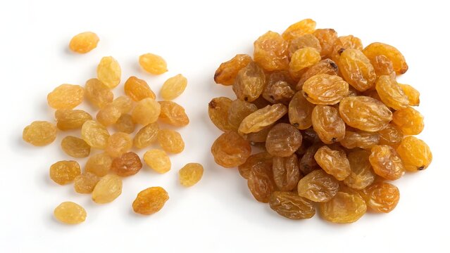 featuring two Brown raisin distinct piles of golden sultana raisins isolated on a seamless white background, showcasing their translucent color and wrinkled texture.