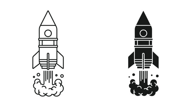 Two rocket ship icons in line art and solid black, isolated on white background, launching into space with smoke and flames