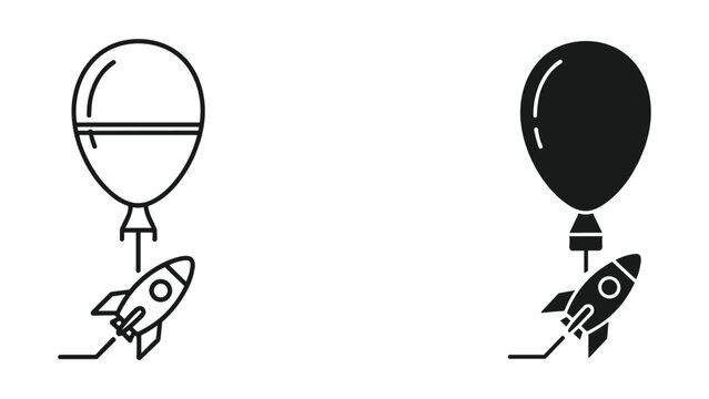 Black and white line and solid icon of a rocket ship lifted by a balloon