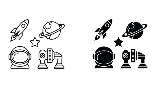 Black and white line icons of space objects and astronaut helmets on white background