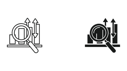 Vector icons of magnifying glass over bar chart with arrows pointing up and down in black and white © SHAHRIYAR RASEL