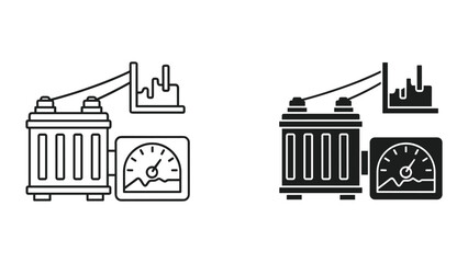 Fototapeta premium Black and white line icons of industrial battery with gauge and chart on white background