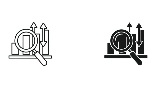 Vector icons of magnifying glass over bar chart with arrows pointing up and down in black and white