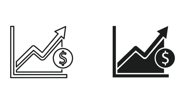 Two black and white line icons depicting growing graph with dollar sign on white background
