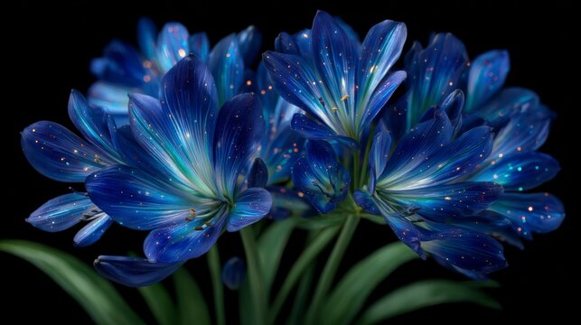 Stunning blue clivia flowers with bioluminescent sparkles and iridescent petals against a solid black background