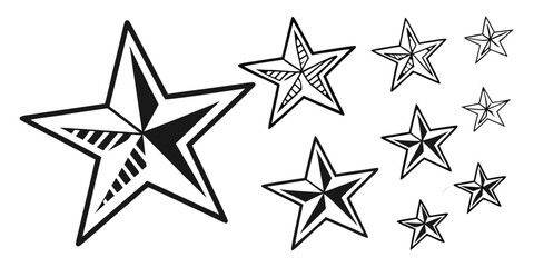 Obraz premium Set of black and white nautical stars in decreasing size scale with nautical elements illustration geometric decoration maritime abstract minimalist silhouette background collection