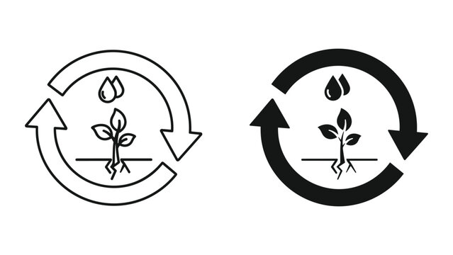 Black and white line icons depicting a plant growing in a circular recycling symbol on white background