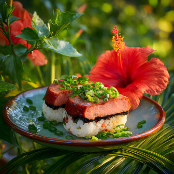 Hawaiian spam musubi with grilled glazed spam on rice topped with green onions served beside a vibrant hibiscus flower in a tropical setting