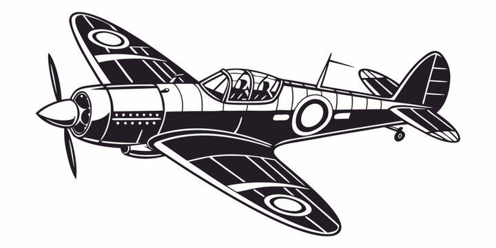 Black and white graphic of a vintage propeller military aircraft in flight side view airplane aircraft propeller aviation military warplane transport aeronautics technology illustration