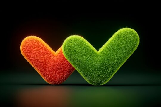 Two fluffy checkmark symbols one orange and one green against dark background representing agreement and approval