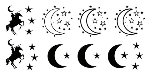 Black silhouette icon collection of horse rider moon and star symbols with crescent silhouette astronomy collection astrology adventure minimalist illustration decorative abstract celestial © MST NASIMA KHATUM