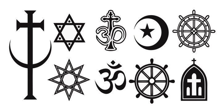 Set of religious and spiritual symbols in black and white icons with religion spirituality crescent dharmachakra pentagram abstract collection monochrome illustration elements tradition