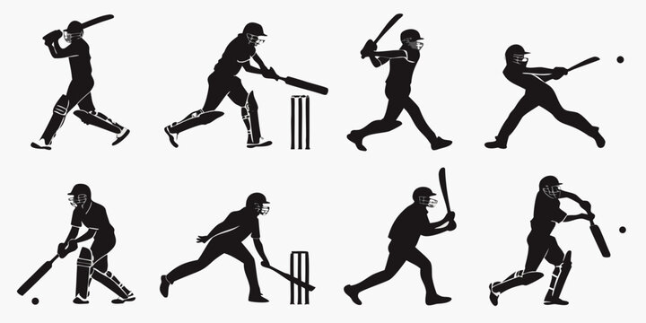 Cricket batting performance silhouettes set in dynamic poses with white background sports icon cricket bat cricket ball protective gear silhouette cricketer exercise training competition