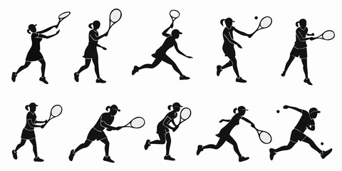 Collection of ten tennis player silhouettes demonstrating various swing and hit techniques with silhouette competition training movement physical character collection isolated background © MST NASIMA KHATUM