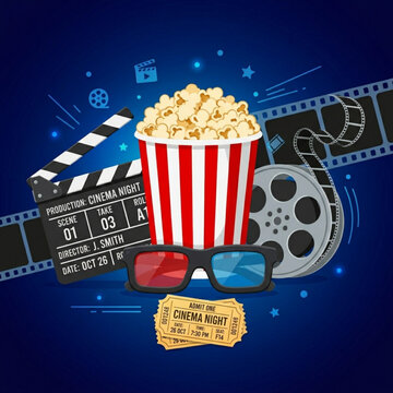 Retro Movie Theater Elements with Popcorn and Clapperboard
