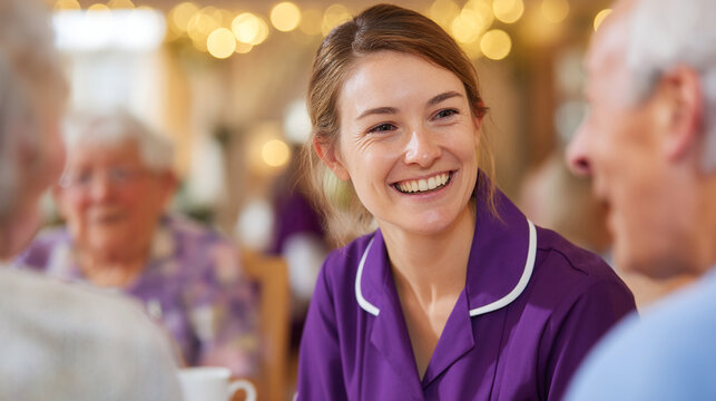 Happy young caregiver smiling while talking with senior residents in care home