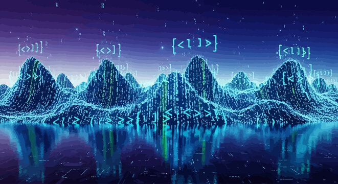 Digital mountain range landscape with abstract data points and binary code reflecting in water