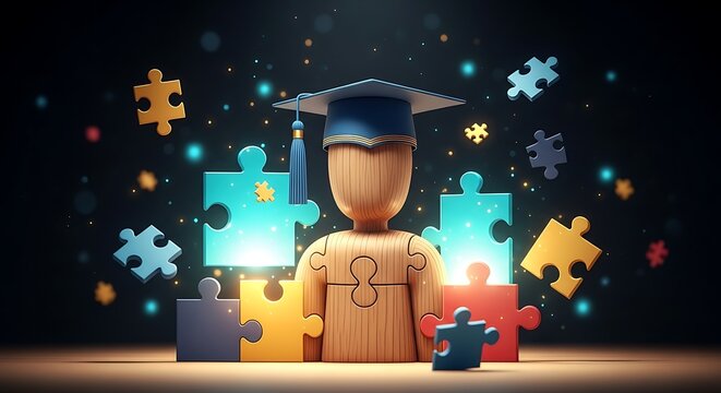 Wooden figure with graduation cap surrounded by glowing puzzle pieces.