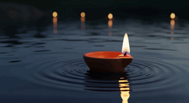 Traditional oil lamp with bright flame floating on rippled water surface at night reflecting light Diwali celebration and spiritual symbol