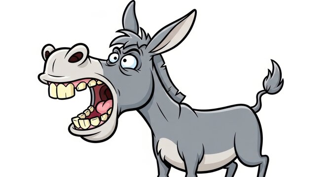 Funny donkey cartoon character with angry expression, shouting mule with open mouth and big teeth, stubborn grey burro mascot on white background
