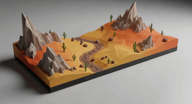 Low poly isometric desert landscape with mountains cacti rocks and winding path in warm earth tone colors against neutral terrain background.