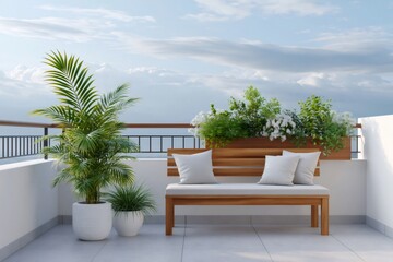 Obraz premium Relaxing balcony with wooden bench and potted plants