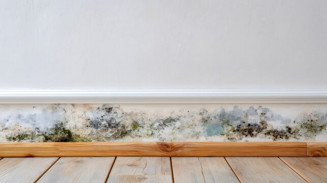 Black mold growing on damp wall and wooden floor