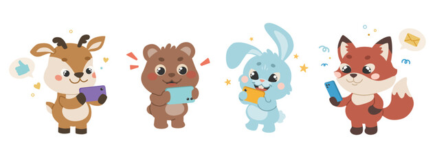 Fototapeta premium Forest animals use smartphones. Cute, furry characters communicate, chat, play, and watch videos on their mobile phones. A hare, fox, deer, and bear are all equipped with a modern gadget