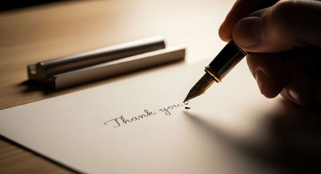 Hand Writing a Thank You Note with a Pen on Paper.