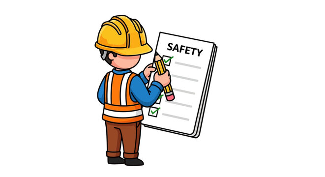 Cartoon construction worker in hard hat and safety vest, isolated on white background.