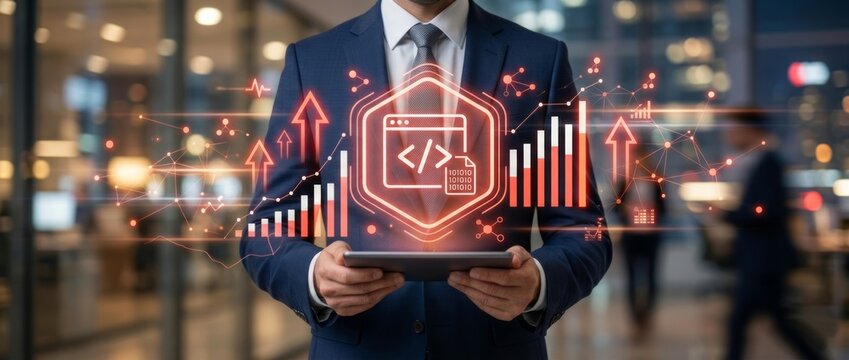 Software Development Growth with Code Interface and Digital Analytics Charts