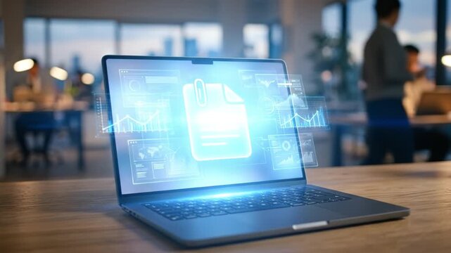 Laptop computer on wooden desk with glowing digital file and screen in modern office business background, blurred worker and analytics interface at dusk
