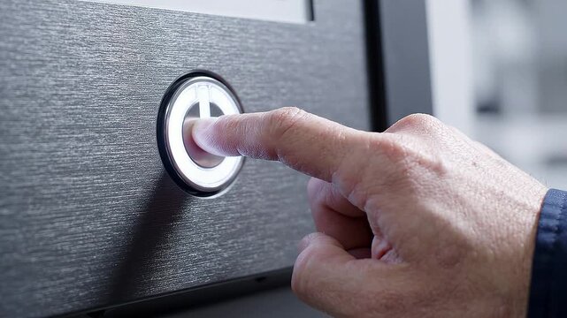 Finger Pressing Modern Button on High-Tech Control Panel in Close-Up View