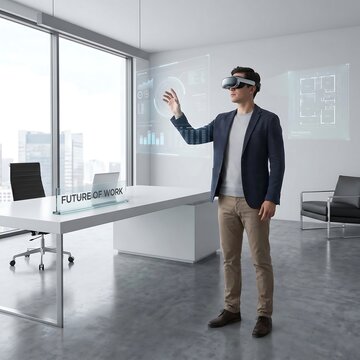 Man experiencing virtual reality technology in a modern office with futuristic holographic displays, representing the future of work and innovation