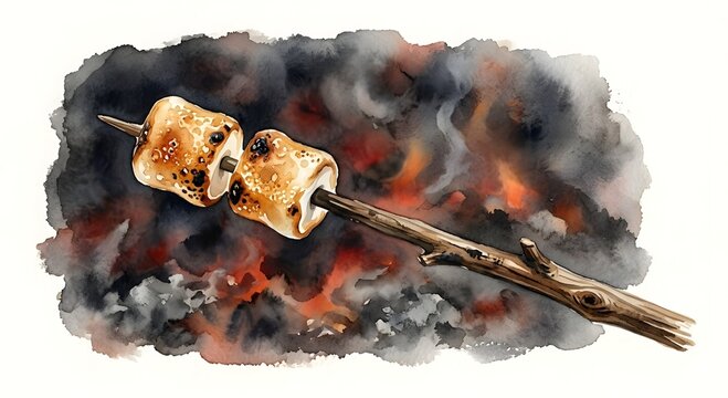 Watercolor illustration of toasted marshmallows on a wooden stick over a dark smoky background. Cozy campfire dessert and camping food concept.