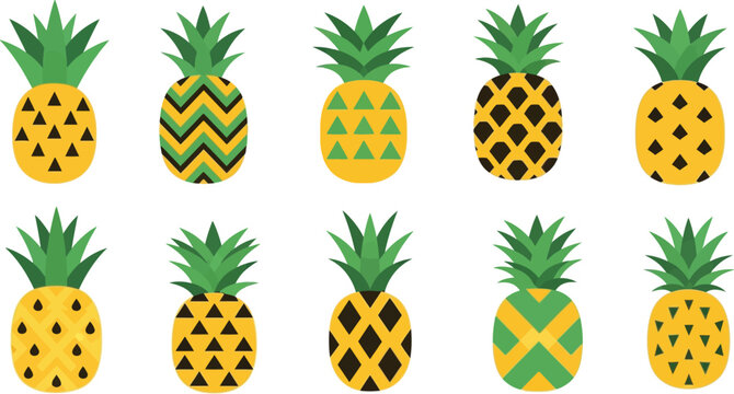 Ten stylized pineapples with geometric patterns in yellow, green, and black on a white background fruit