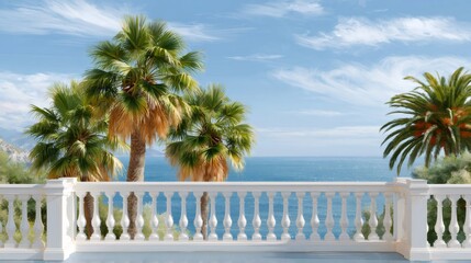 Obraz premium Tropical balcony overlooking ocean with palm trees