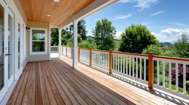 Large house exterior deck with forest view