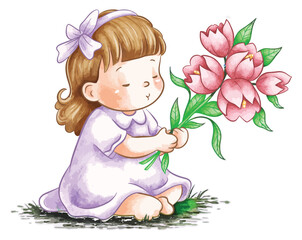 Mother’s Day Watercolor Little Girl Illustration, Cute Child with Gift Love Concept Vector Isolated on White