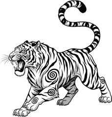 Obraz premium Black and white tiger with swirling patterns in aggressive stance