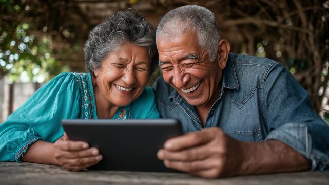 Senior Latino couple using tablet together. Smiling man holds digital device. Woman in turquoise blouse laughing. Rustic pergola with vine canopy. Happy elderly enjoying technology outdoors.
