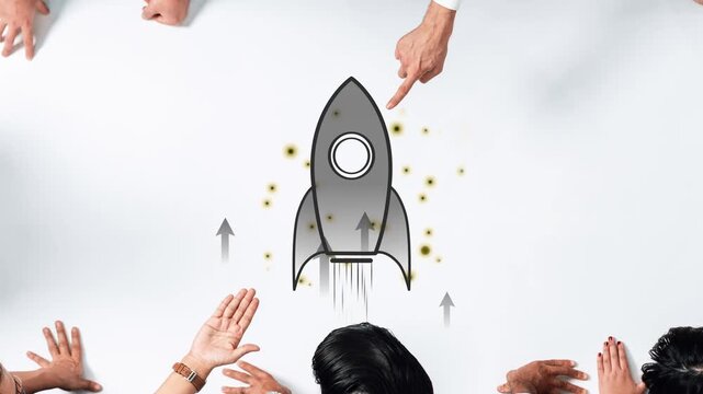 A dynamic brainstorming session showing diverse hands around a rocket illustration, symbolizing teamwork and the drive for innovation and strategic growth. Raster